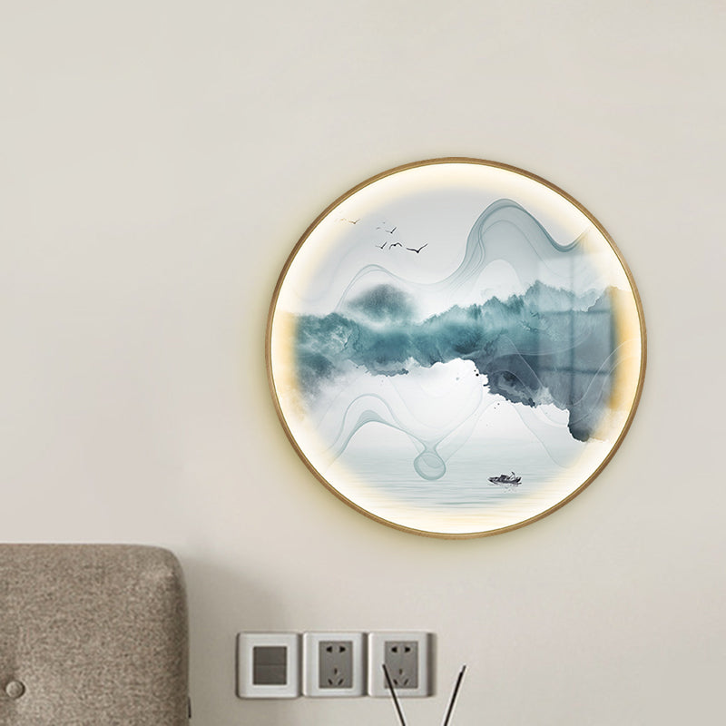 Gold Circular Mountain and Lake Mural Light Chinese LED Metallic Wall Lighting Idea Clearhalo 'Wall Lamps & Sconces' 'Wall Lights' Lighting' 1195066