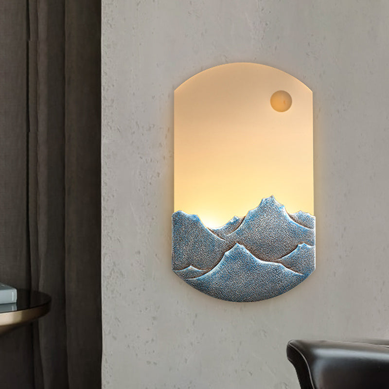 Silver/Brown Oval Wall Mural Light Chinese Style LED Acrylic Wall Mounted Lighting with Mountain Pattern for Bedroom Silver Clearhalo 'Wall Lamps & Sconces' 'Wall Lights' Lighting' 1195082