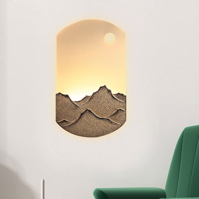 Silver/Brown Oval Wall Mural Light Chinese Style LED Acrylic Wall Mounted Lighting with Mountain Pattern for Bedroom Brown Clearhalo 'Wall Lamps & Sconces' 'Wall Lights' Lighting' 1195086
