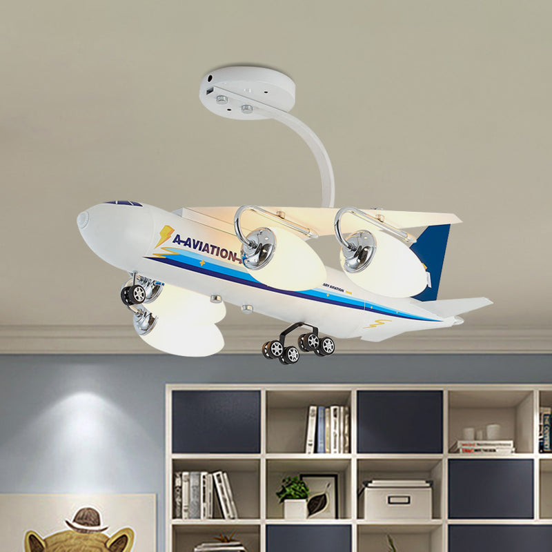 Cartoon Aircraft Semi Flush Metal 4 Heads Kids Room Ceiling Light Fixture with Bullet White Glass Shade in Blue