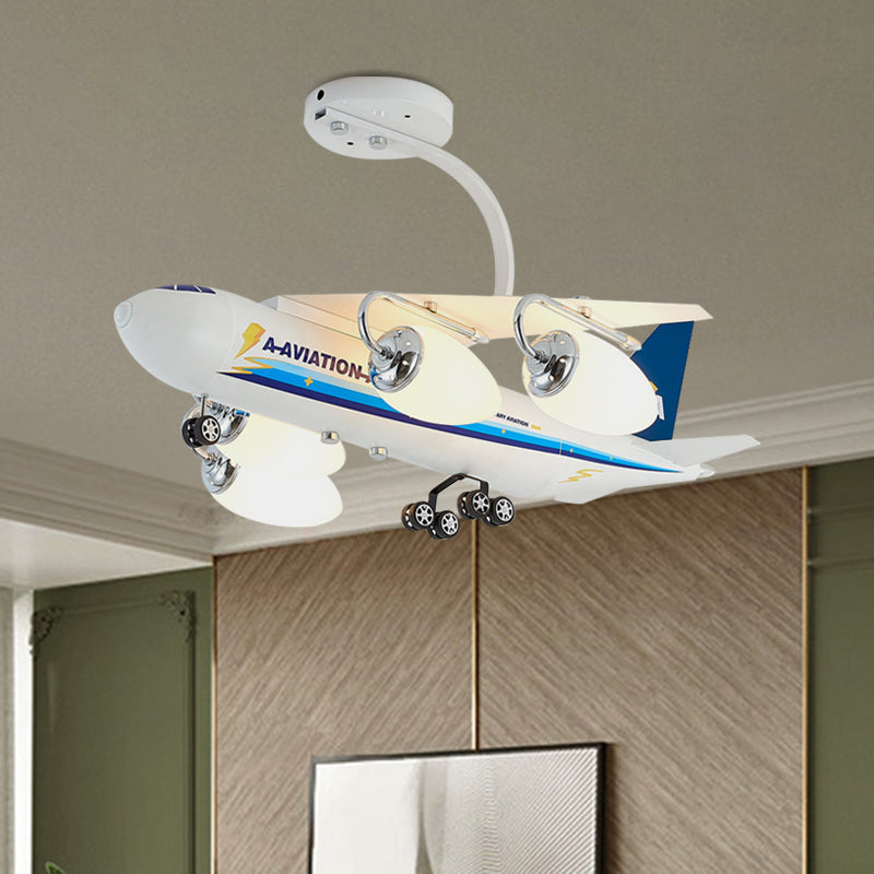 Cartoon Aircraft Semi Flush Metal 4 Heads Kids Room Ceiling Light Fixture with Bullet White Glass Shade in Blue