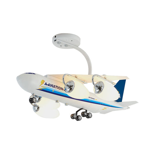 Cartoon Aircraft Semi Flush Metal 4 Heads Kids Room Ceiling Light Fixture with Bullet White Glass Shade in Blue Clearhalo 'Ceiling Lights' 'Close To Ceiling Lights' 'Close to ceiling' 'Glass shade' 'Glass' 'Semi-flushmount' Lighting' 1195173