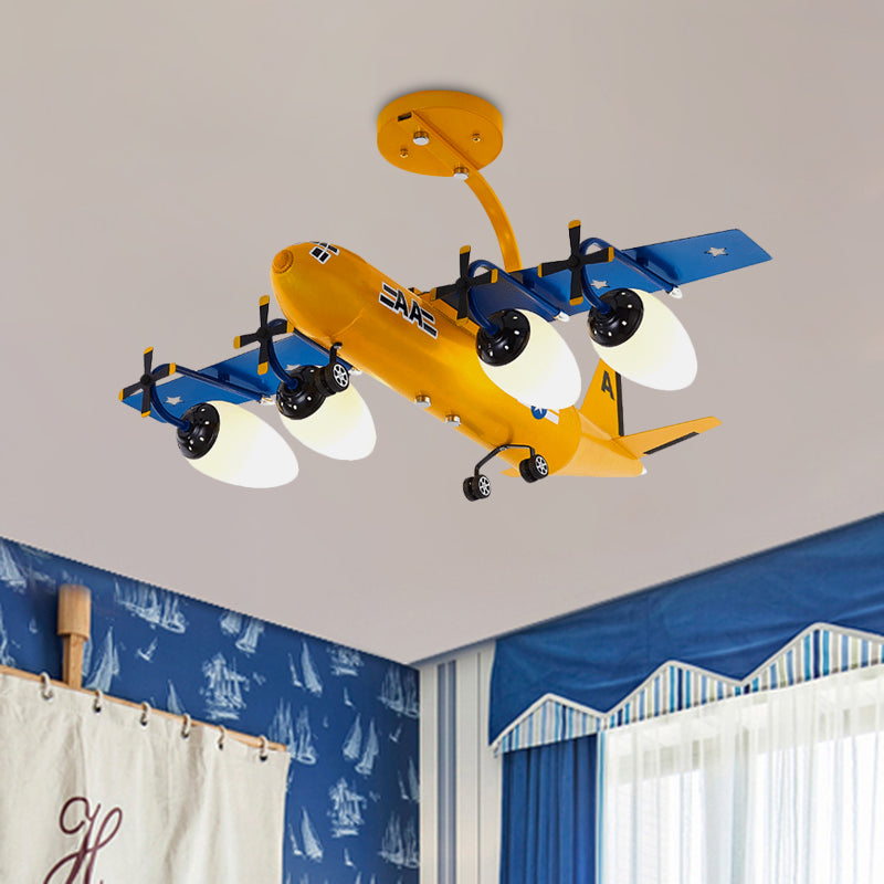 Airplane Kids Room Semi Flush Light Metallic 4 Lights Cartoon Flush Mount with Bullet Opal Glass Shade in Blue/Yellow Yellow Clearhalo 'Ceiling Lights' 'Close To Ceiling Lights' 'Close to ceiling' 'Glass shade' 'Glass' 'Semi-flushmount' Lighting' 1195175