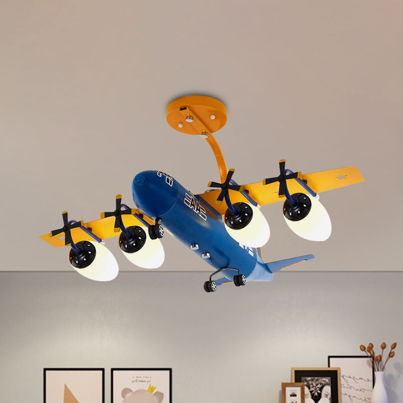 Airplane Kids Room Semi Flush Light Metallic 4 Lights Cartoon Flush Mount with Bullet Opal Glass Shade in Blue/Yellow Blue Clearhalo 'Ceiling Lights' 'Close To Ceiling Lights' 'Close to ceiling' 'Glass shade' 'Glass' 'Semi-flushmount' Lighting' 1195179