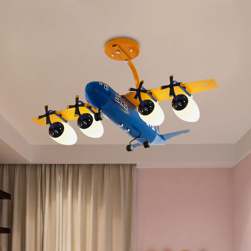 Airplane Kids Room Semi Flush Light Metallic 4 Lights Cartoon Flush Mount with Bullet Opal Glass Shade in Blue/Yellow Clearhalo 'Ceiling Lights' 'Close To Ceiling Lights' 'Close to ceiling' 'Glass shade' 'Glass' 'Semi-flushmount' Lighting' 1195180