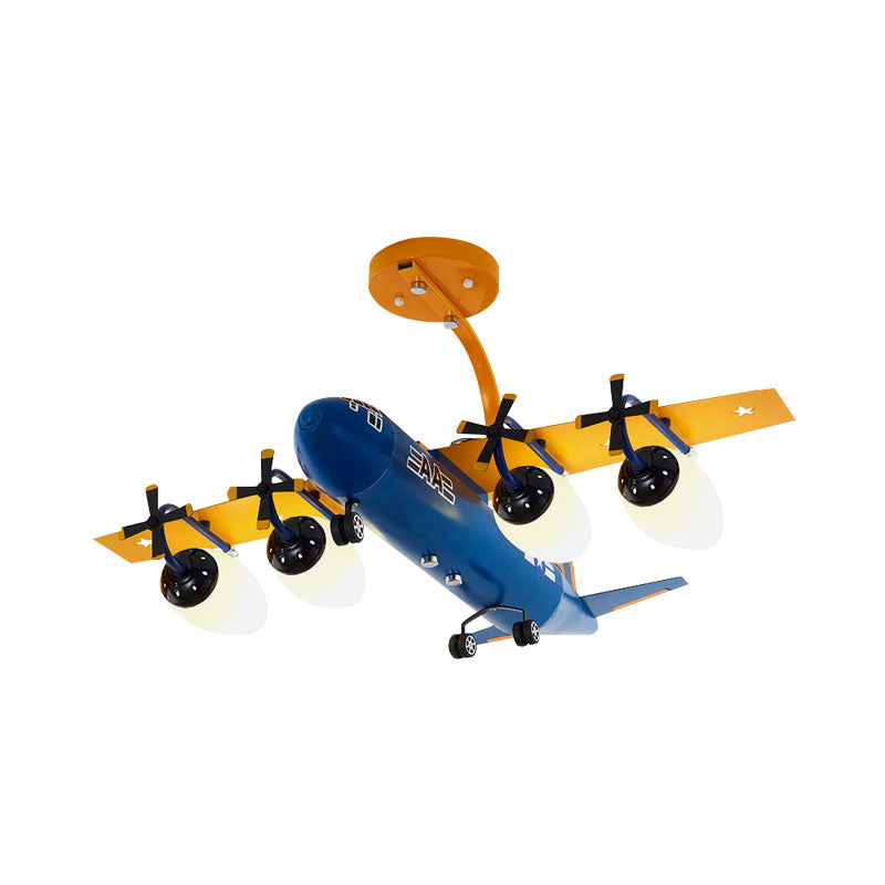 Airplane Kids Room Semi Flush Light Metallic 4 Lights Cartoon Flush Mount with Bullet Opal Glass Shade in Blue/Yellow Clearhalo 'Ceiling Lights' 'Close To Ceiling Lights' 'Close to ceiling' 'Glass shade' 'Glass' 'Semi-flushmount' Lighting' 1195182