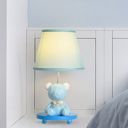 Barrel Shade Bedside Table Lamp Fabric 1 Bulb Cartoon Bear Nightstand Lighting in Blue/Pink Blue Clearhalo 'Lamps' 'Table Lamps' Lighting' 1195231