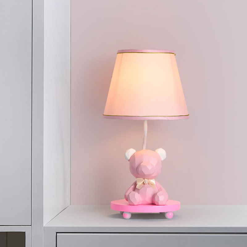 Barrel Shade Bedside Table Lamp Fabric 1 Bulb Cartoon Bear Nightstand Lighting in Blue/Pink Clearhalo 'Lamps' 'Table Lamps' Lighting' 1195236