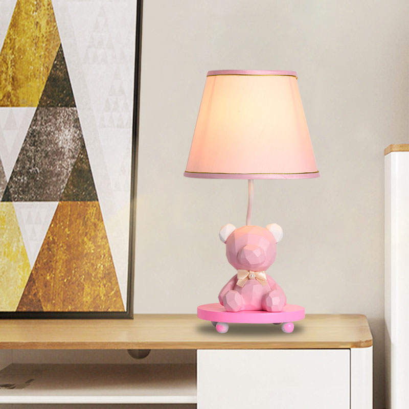 Barrel Shade Bedside Table Lamp Fabric 1 Bulb Cartoon Bear Nightstand Lighting in Blue/Pink Clearhalo 'Lamps' 'Table Lamps' Lighting' 1195237