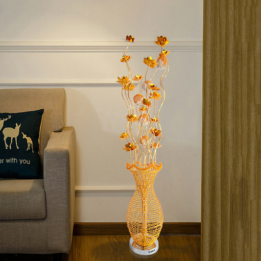 Gold LED Floor Light Decorative Aluminum Hollowed Vase Standing Lamp with Little Bloom Decor for Bedroom Clearhalo 'Floor Lamps' 'Lamps' Lighting' 1195328
