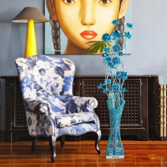Decorative Tower-Like Floor Lighting LED Metallic Stand Up Lamp with Small Floral Decor in Blue Clearhalo 'Floor Lamps' 'Lamps' Lighting' 1195336