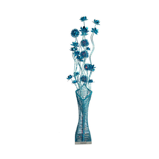 Decorative Tower-Like Floor Lighting LED Metallic Stand Up Lamp with Small Floral Decor in Blue Clearhalo 'Floor Lamps' 'Lamps' Lighting' 1195337