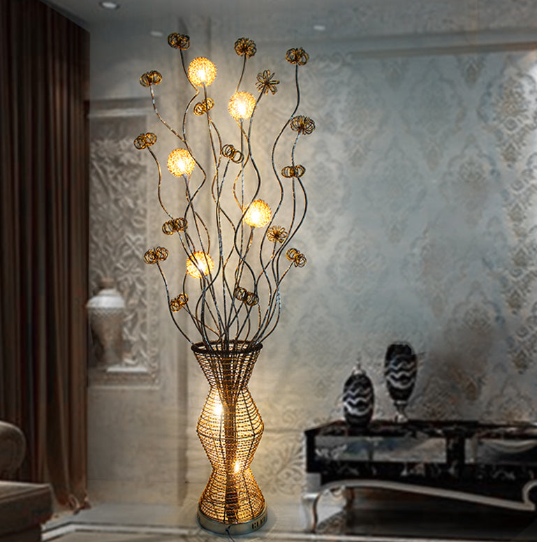 Gold LED Stand Up Lamp Art Decor Metallic Bamboo Basket Shape Reading Floor Light with Flower Decor Gold Clearhalo 'Floor Lamps' 'Lamps' Lighting' 1195363
