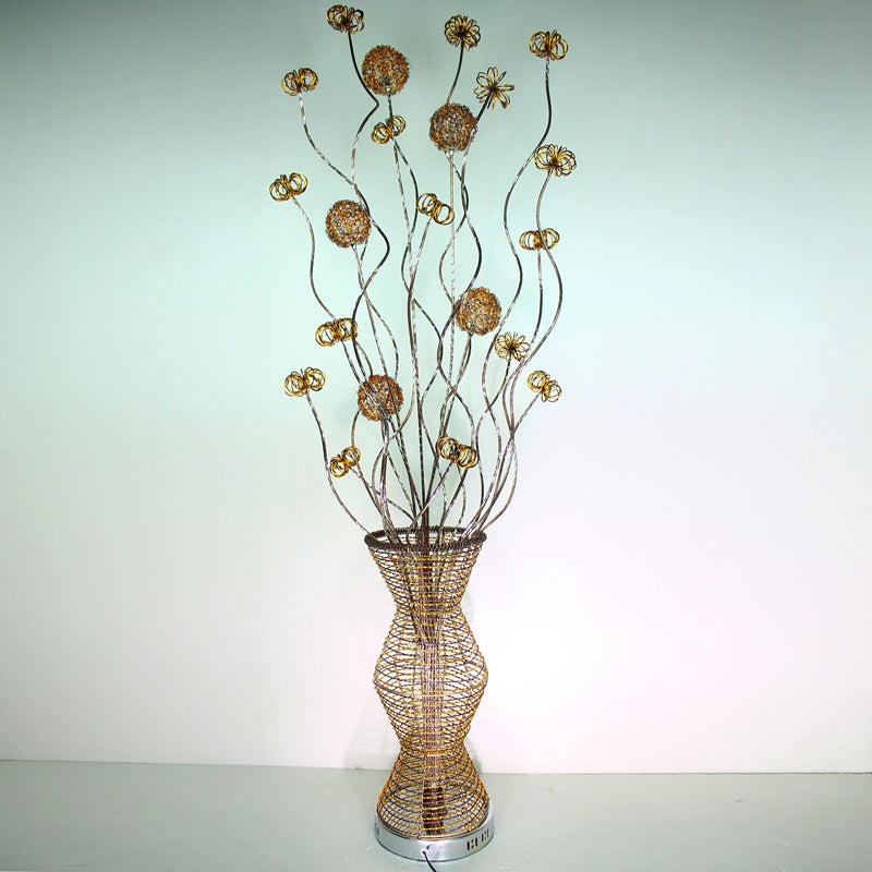 Gold LED Stand Up Lamp Art Decor Metallic Bamboo Basket Shape Reading Floor Light with Flower Decor Clearhalo 'Floor Lamps' 'Lamps' Lighting' 1195364