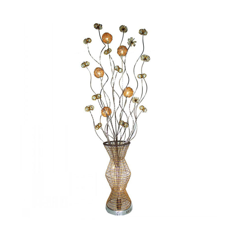 Gold LED Stand Up Lamp Art Decor Metallic Bamboo Basket Shape Reading Floor Light with Flower Decor Clearhalo 'Floor Lamps' 'Lamps' Lighting' 1195365