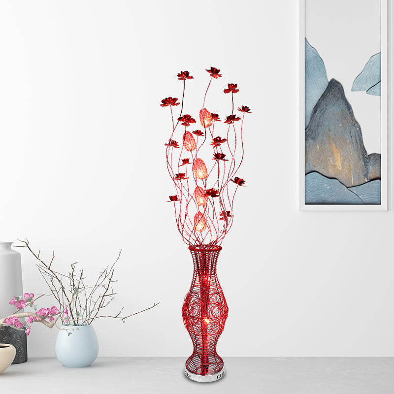 Floral Aluminum Curvy Linear Floor Light Decorative Bedroom LED Standing Lamp with Urn Pedestal in Red Red Clearhalo 'Floor Lamps' 'Lamps' Lighting' 1195367