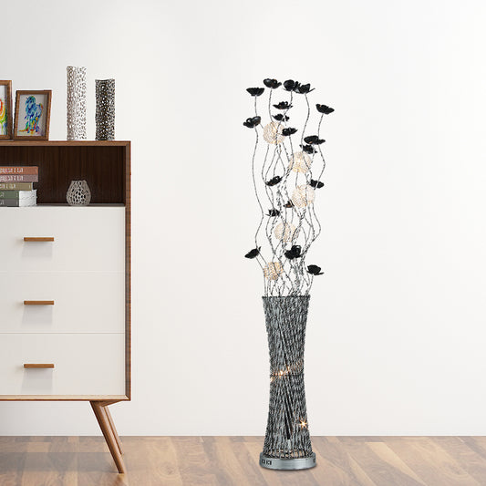 Decorative Hollowed Column Floor Light Metal LED Curved Stick Reading Floor Lamp with Rose Decor in Black and Silver Black-Silver Clearhalo 'Floor Lamps' 'Lamps' Lighting' 1195375