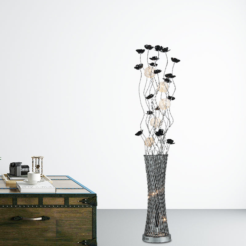 Decorative Hollowed Column Floor Light Metal LED Curved Stick Reading Floor Lamp with Rose Decor in Black and Silver Clearhalo 'Floor Lamps' 'Lamps' Lighting' 1195376