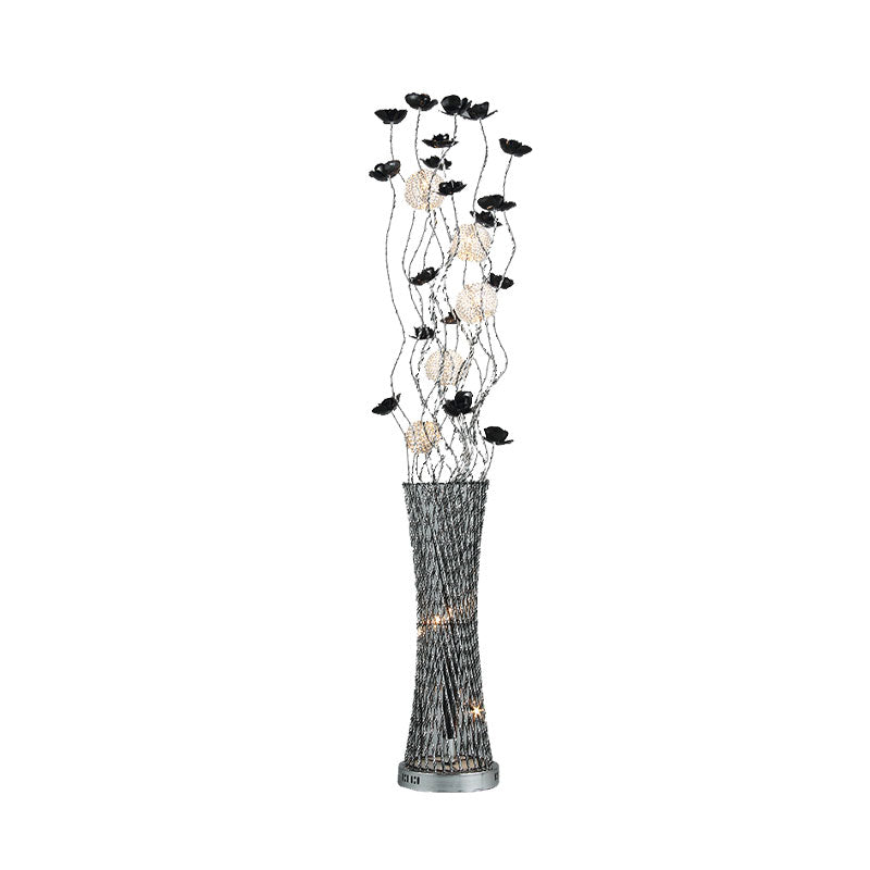 Decorative Hollowed Column Floor Light Metal LED Curved Stick Reading Floor Lamp with Rose Decor in Black and Silver Clearhalo 'Floor Lamps' 'Lamps' Lighting' 1195377