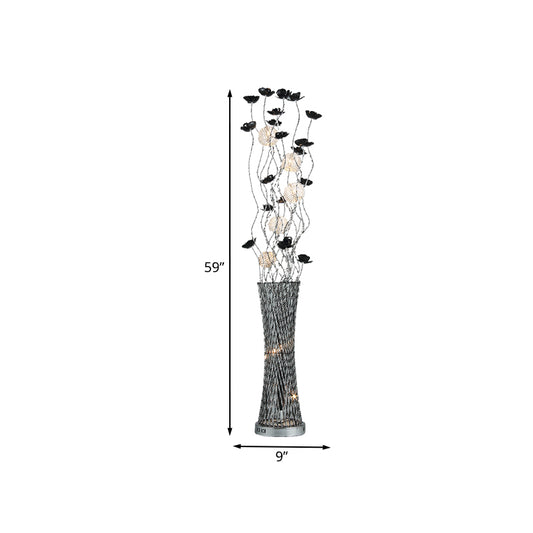 Decorative Hollowed Column Floor Light Metal LED Curved Stick Reading Floor Lamp with Rose Decor in Black and Silver Clearhalo 'Floor Lamps' 'Lamps' Lighting' 1195378