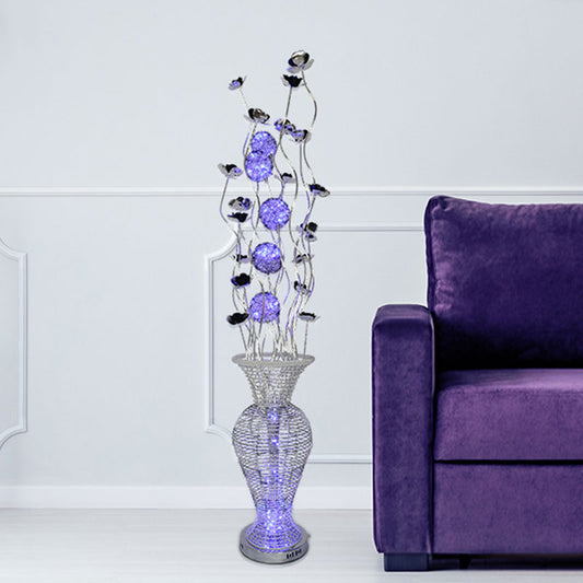 LED Urn-Like Stand Up Lamp Art Decor Black-Silver Aluminum Blossom Floor Light with Purple Orb Design Black-Silver Clearhalo 'Floor Lamps' 'Lamps' Lighting' 1195379