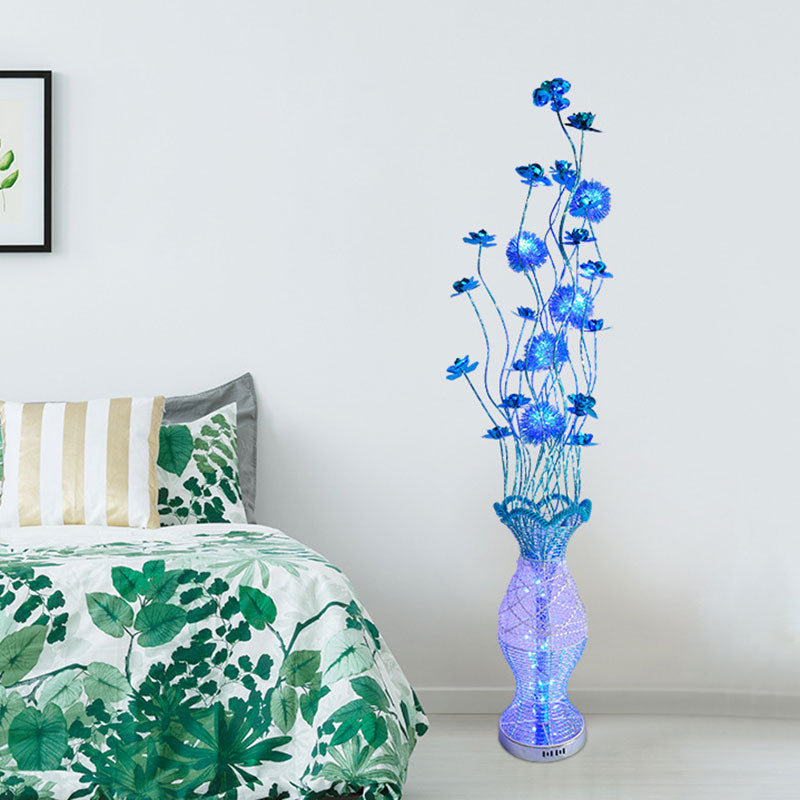 Vase-Shaped Decorative Pleated Floor Lighting Rustic Bedroom LED Decorative Standing Lamp with Flower Decor in Blue Blue Clearhalo 'Floor Lamps' 'Lamps' Lighting' 1195383