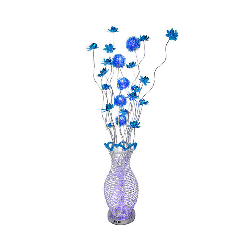 Blue LED Curvy Line Floor Light Art Decor Aluminum Urn Floor Standing Lamp with Floral Decor Clearhalo 'Floor Lamps' 'Lamps' Lighting' 1195400