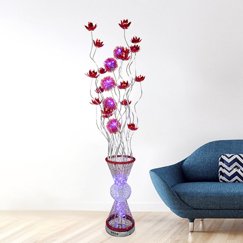 Art Decor Hourglass Floor Light LED Aluminum Stand Up Lamp with Curved Stick and Floret in Red Red Clearhalo 'Floor Lamps' 'Lamps' Lighting' 1195407