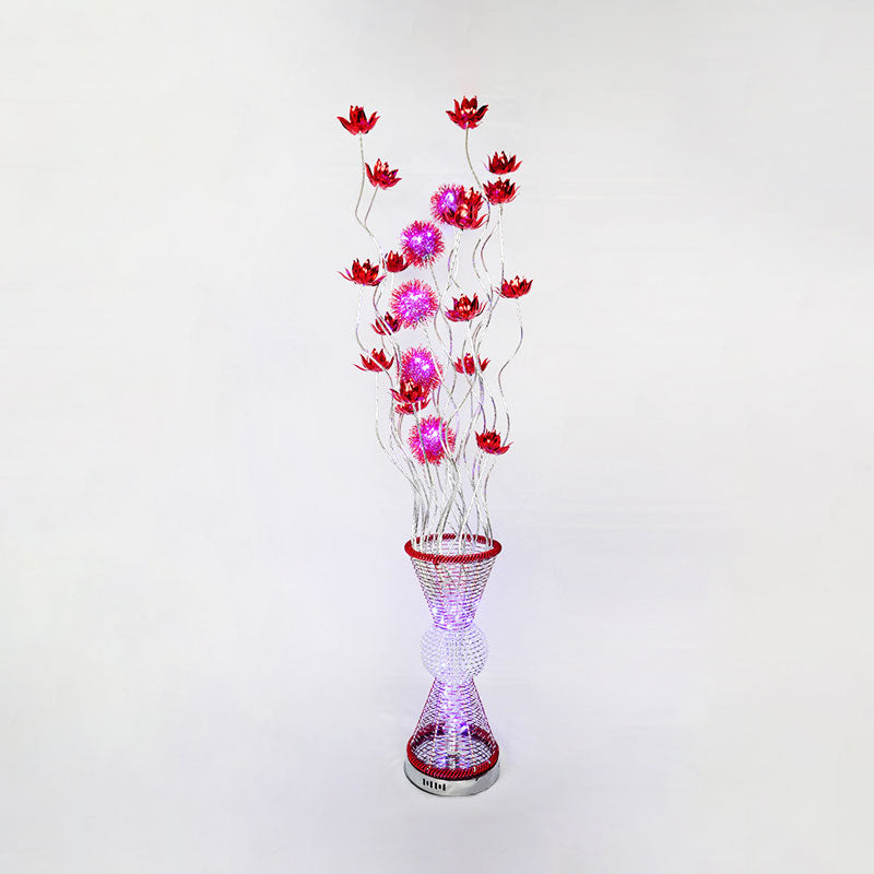 Art Decor Hourglass Floor Light LED Aluminum Stand Up Lamp with Curved Stick and Floret in Red Clearhalo 'Floor Lamps' 'Lamps' Lighting' 1195409