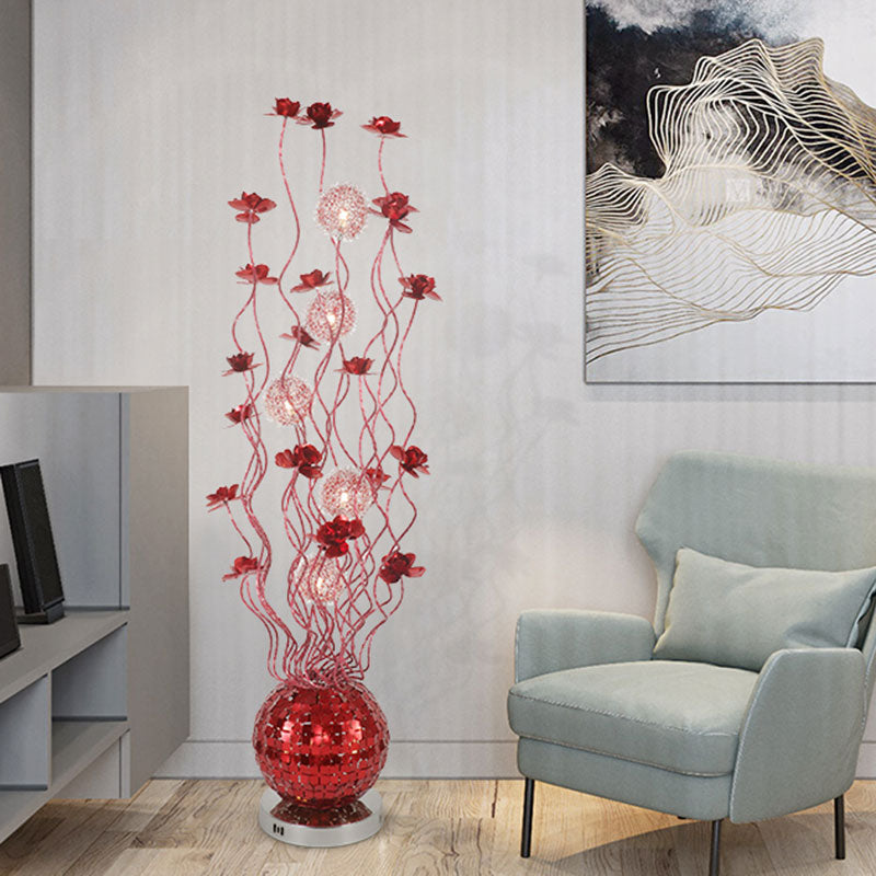 Sphere Aluminum Flower Floor Lighting Art Decor Living Room Swing Line LED Standing Floor Lamp in Red, Warm/White Light Red Clearhalo 'Floor Lamps' 'Lamps' Lighting' 1195411