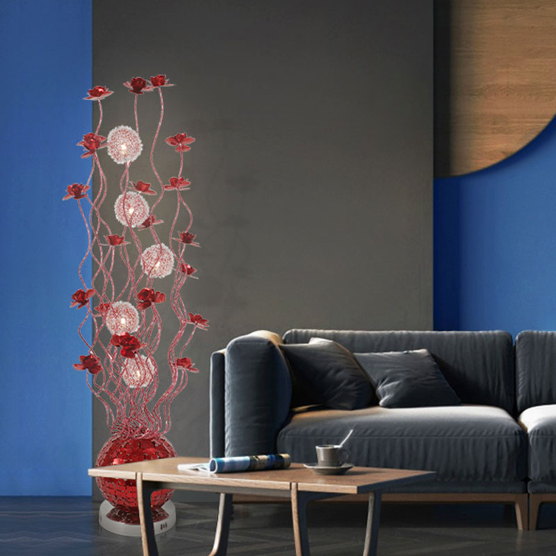 Sphere Aluminum Flower Floor Lighting Art Decor Living Room Swing Line LED Standing Floor Lamp in Red, Warm/White Light Clearhalo 'Floor Lamps' 'Lamps' Lighting' 1195412