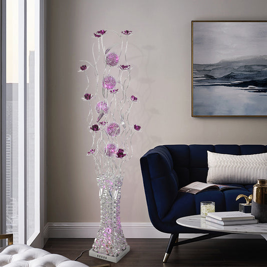 Purple LED Stand Up Lamp Decorative Metallic Flower Floor Lighting with White Trapezoid Base in Warm/White Light Purple Clearhalo 'Floor Lamps' 'Lamps' Lighting' 1195415