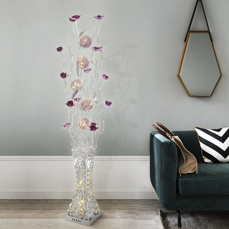 Purple LED Stand Up Lamp Decorative Metallic Flower Floor Lighting with White Trapezoid Base in Warm/White Light Clearhalo 'Floor Lamps' 'Lamps' Lighting' 1195416