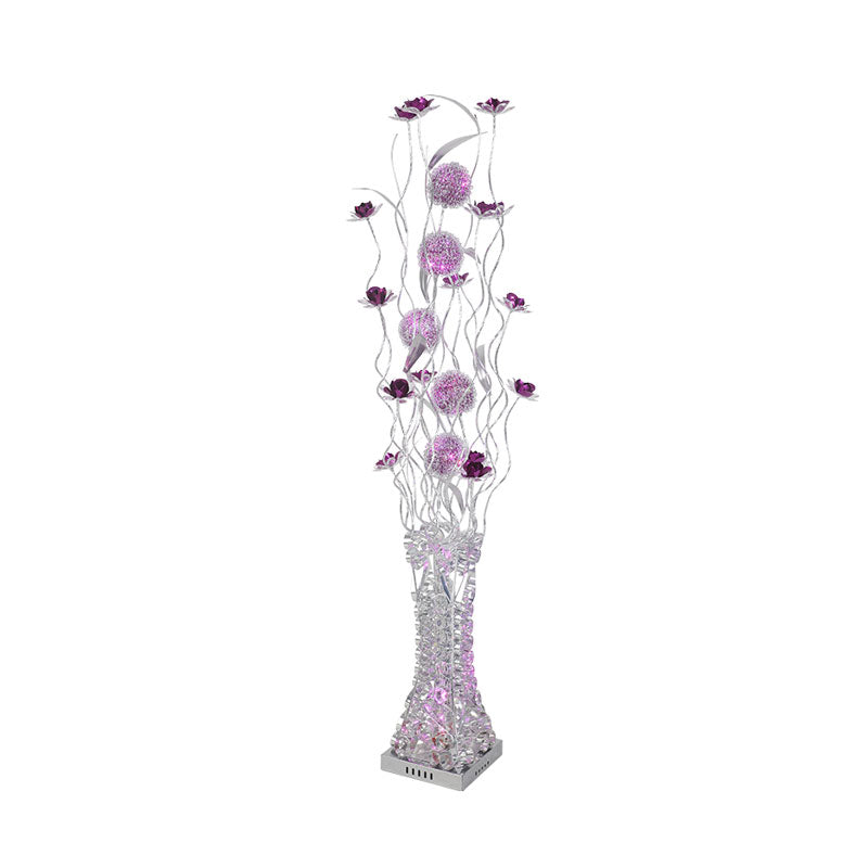 Purple LED Stand Up Lamp Decorative Metallic Flower Floor Lighting with White Trapezoid Base in Warm/White Light Clearhalo 'Floor Lamps' 'Lamps' Lighting' 1195417