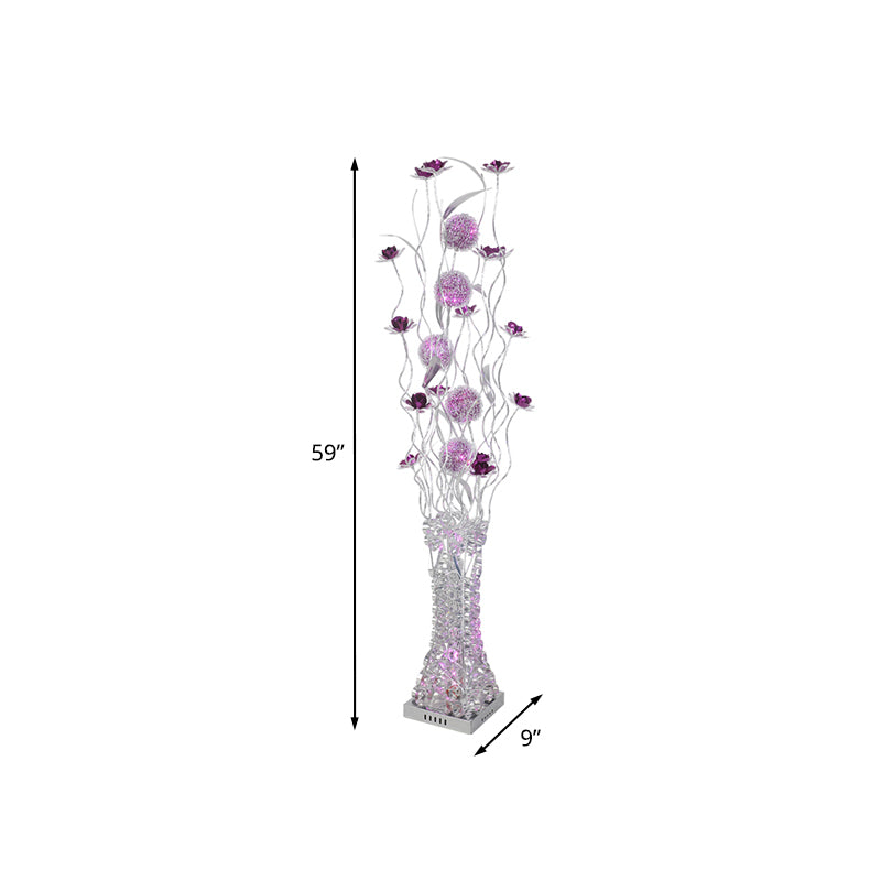 Purple LED Stand Up Lamp Decorative Metallic Flower Floor Lighting with White Trapezoid Base in Warm/White Light Clearhalo 'Floor Lamps' 'Lamps' Lighting' 1195418