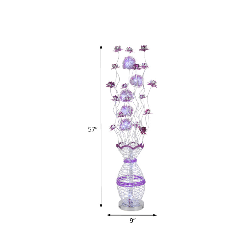 Metal Hollowed Urn Floor Lighting Art Decor LED Bedroom Reading Floor Lamp with Blossom Decor in Purple, Warm/White Light Clearhalo 'Floor Lamps' 'Lamps' Lighting' 1195422