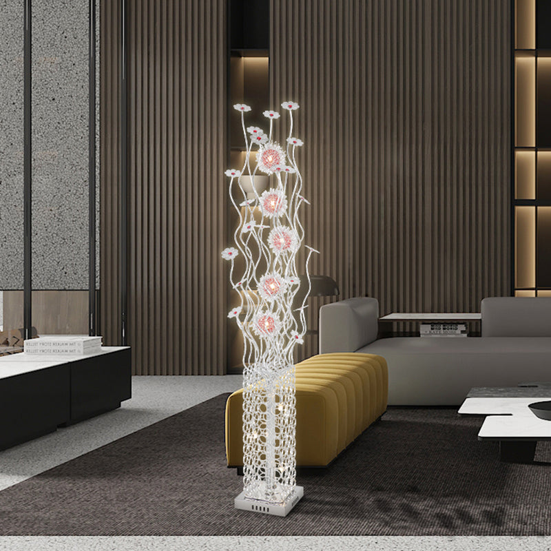 Cuboid Metallic Stand Up Lamp Decorative Living Room LED Floor Lighting with Floret Design in Silver, Warm/White Light Clearhalo 'Floor Lamps' 'Lamps' Lighting' 1195432