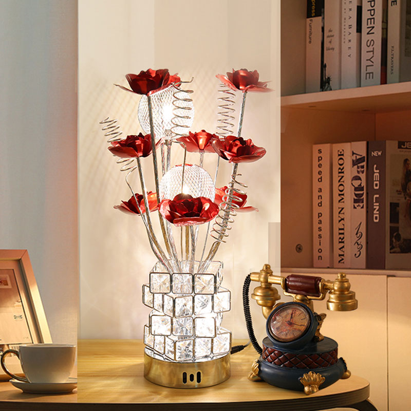 Art Decor Floral Table Lamp LED Aluminum Desk Light with Crystal Block Base in Purple/Red for Bedside Red Clearhalo 'Lamps' 'Table Lamps' Lighting' 1195487