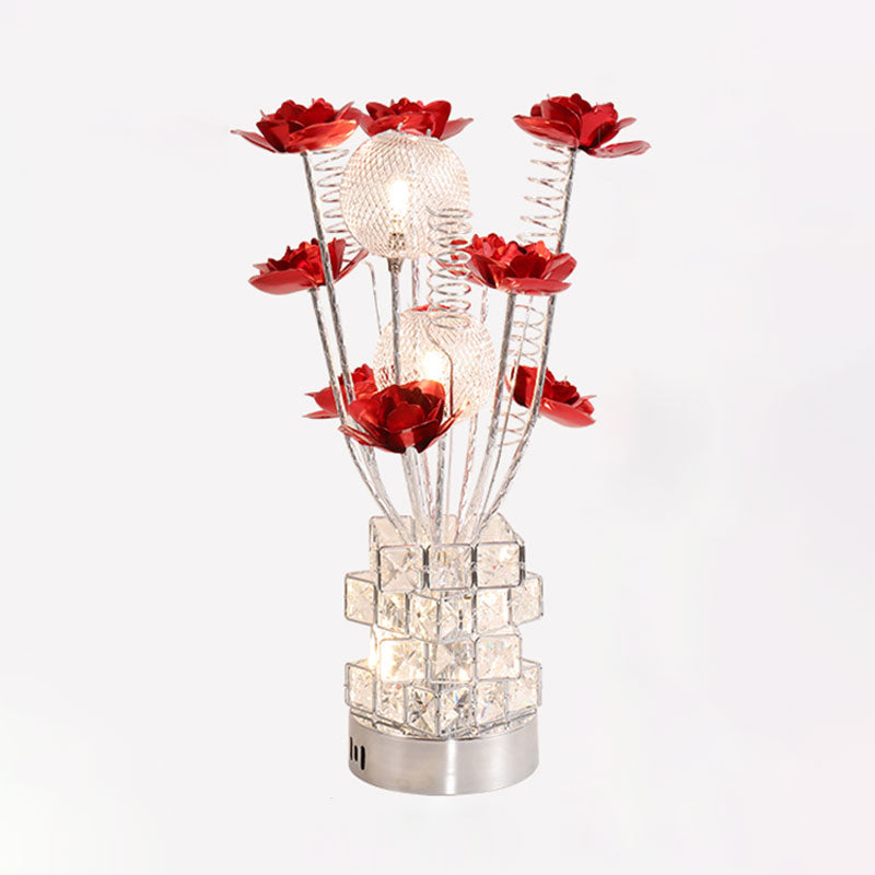 Art Decor Floral Table Lamp LED Aluminum Desk Light with Crystal Block Base in Purple/Red for Bedside Clearhalo 'Lamps' 'Table Lamps' Lighting' 1195489