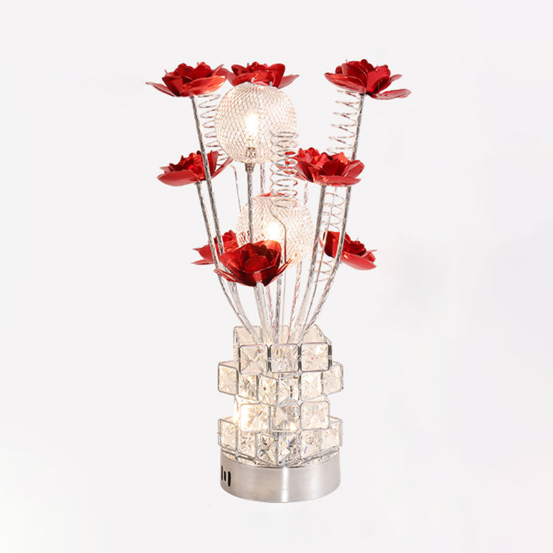 Art Decor Floral Table Lamp LED Aluminum Desk Light with Crystal Block Base in Purple/Red for Bedside Clearhalo 'Lamps' 'Table Lamps' Lighting' 1195489