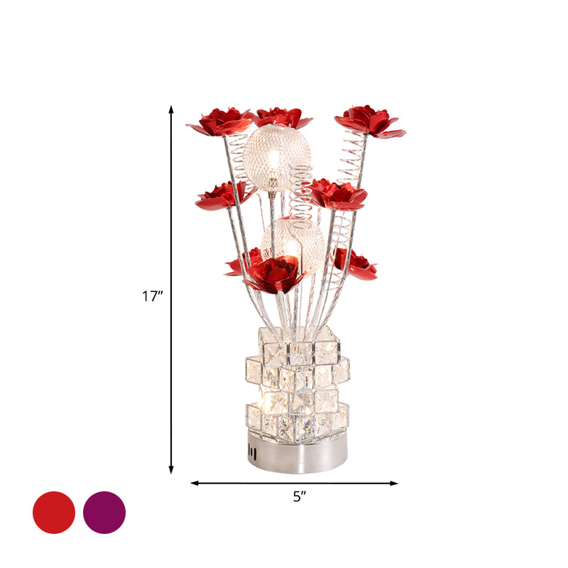 Art Decor Floral Table Lamp LED Aluminum Desk Light with Crystal Block Base in Purple/Red for Bedside Clearhalo 'Lamps' 'Table Lamps' Lighting' 1195490