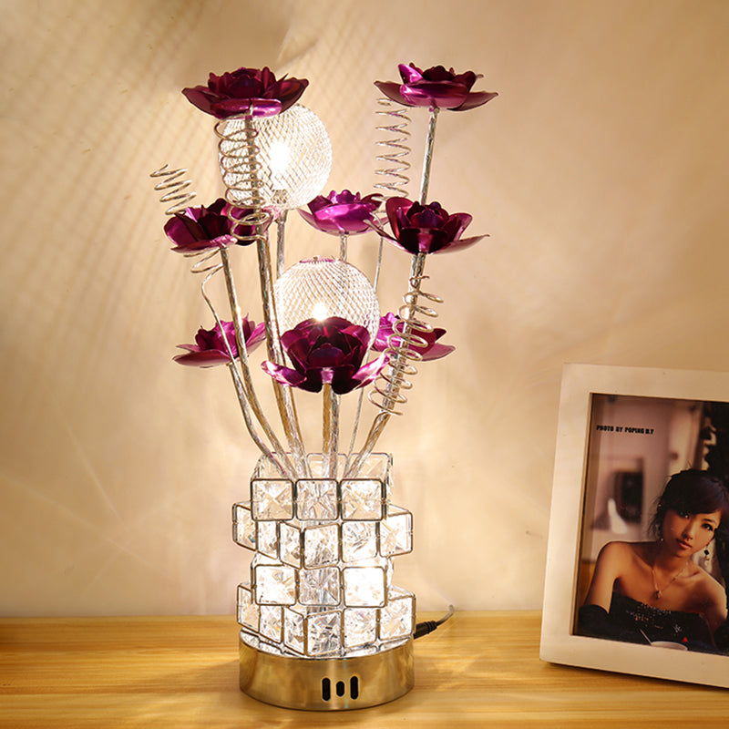 Art Decor Floral Table Lamp LED Aluminum Desk Light with Crystal Block Base in Purple/Red for Bedside Purple Clearhalo 'Lamps' 'Table Lamps' Lighting' 1195491