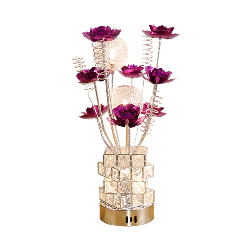 Art Decor Floral Table Lamp LED Aluminum Desk Light with Crystal Block Base in Purple/Red for Bedside Clearhalo 'Lamps' 'Table Lamps' Lighting' 1195494