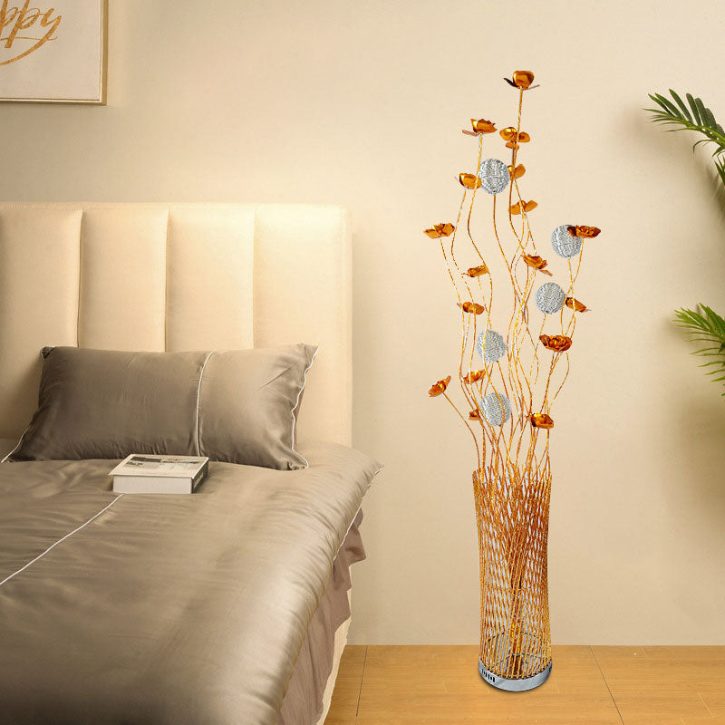 LED Twill Cylinder Standing Lamp Decorative Red/Gold Aluminum Floor Reading Light with Bloom Design Clearhalo 'Floor Lamps' 'Lamps' Lighting' 1195567