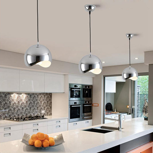 1 Head Kitchen Pendant Light Fixture with Waveforms Dome Metal Shade Modern Black/Chrome Hanging Lamp, 8"/12" W Chrome Clearhalo 'Ceiling Lights' 'Modern Pendants' 'Modern' 'Pendant Lights' 'Pendants' Lighting' 119599