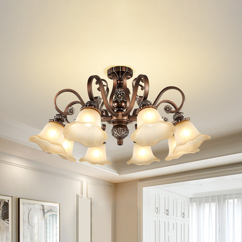 5/6/8 Lights Floral Shade Semi Flush Light Countryside Brown Opal Glass Close to Ceiling Lamp for Living Room 8 Brown Clearhalo 'Ceiling Lights' 'Chandeliers' 'Close To Ceiling Lights' 'Close to ceiling' 'Glass shade' 'Glass' 'Semi-flushmount' Lighting' 1197478