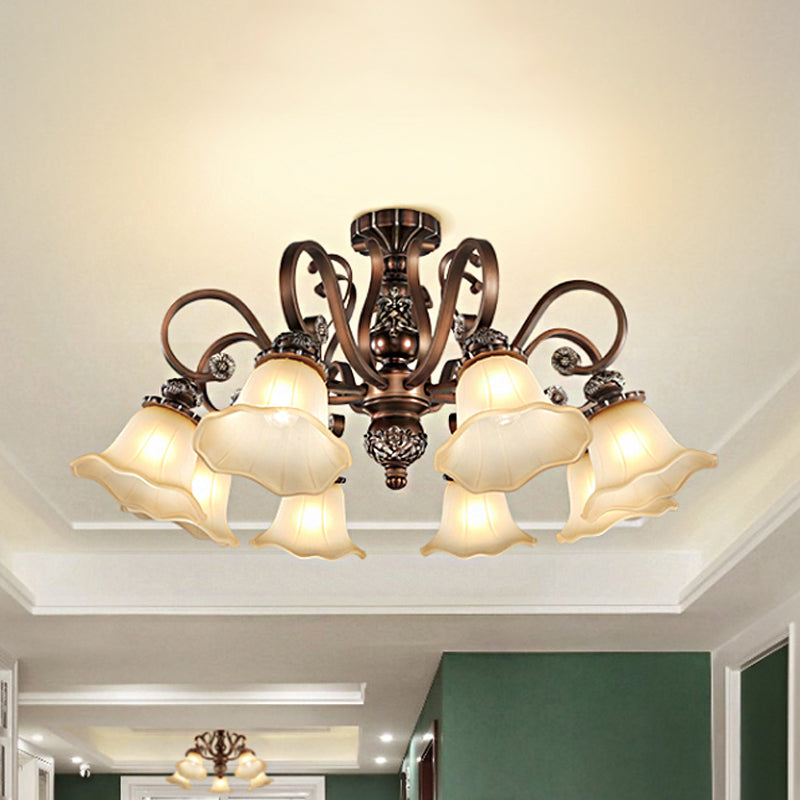 5/6/8 Lights Floral Shade Semi Flush Light Countryside Brown Opal Glass Close to Ceiling Lamp for Living Room Clearhalo 'Ceiling Lights' 'Chandeliers' 'Close To Ceiling Lights' 'Close to ceiling' 'Glass shade' 'Glass' 'Semi-flushmount' Lighting' 1197479