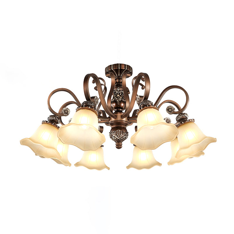 5/6/8 Lights Floral Shade Semi Flush Light Countryside Brown Opal Glass Close to Ceiling Lamp for Living Room Clearhalo 'Ceiling Lights' 'Chandeliers' 'Close To Ceiling Lights' 'Close to ceiling' 'Glass shade' 'Glass' 'Semi-flushmount' Lighting' 1197480