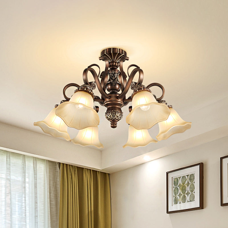 5/6/8 Lights Floral Shade Semi Flush Light Countryside Brown Opal Glass Close to Ceiling Lamp for Living Room 6 Brown Clearhalo 'Ceiling Lights' 'Chandeliers' 'Close To Ceiling Lights' 'Close to ceiling' 'Glass shade' 'Glass' 'Semi-flushmount' Lighting' 1197482