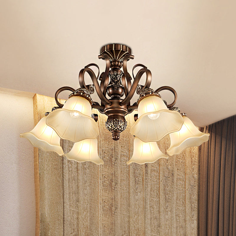 5/6/8 Lights Floral Shade Semi Flush Light Countryside Brown Opal Glass Close to Ceiling Lamp for Living Room Clearhalo 'Ceiling Lights' 'Chandeliers' 'Close To Ceiling Lights' 'Close to ceiling' 'Glass shade' 'Glass' 'Semi-flushmount' Lighting' 1197483